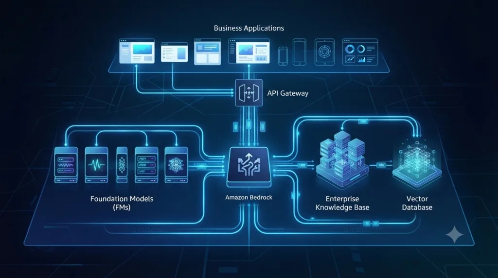 Modern cloud architecture illustration showing Amazon Bedrock