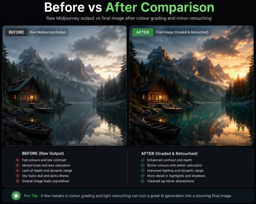 Before vs After comparison infographic showing a raw Midjourney-generated mountain cabin landscape on the left and the same image after professional colour grading and minor retouching on the right, highlighting richer colours, improved contrast, enhanced lighting, and greater visual depth.