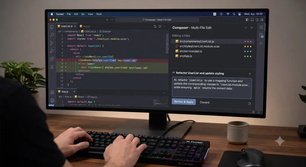 Widescreen monitor showing Cursor AI Composer with multi-file editing, code diffs, and AI refactoring prompt while a developer works.