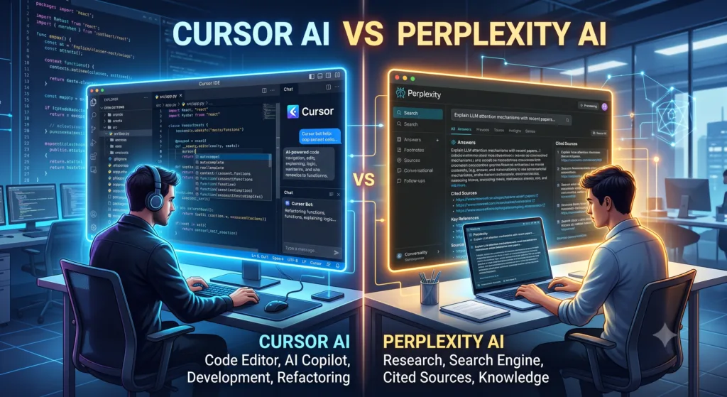 A side-by-side comparison image featuring two developers working in an office. The left side glows in blue, representing Cursor AI as a code editor, AI copilot, and development tool with code lines and a chat interface. The right side glows in yellow and orange, representing Perplexity AI as a conversational search engine and research tool displaying cited sources and structured answers.