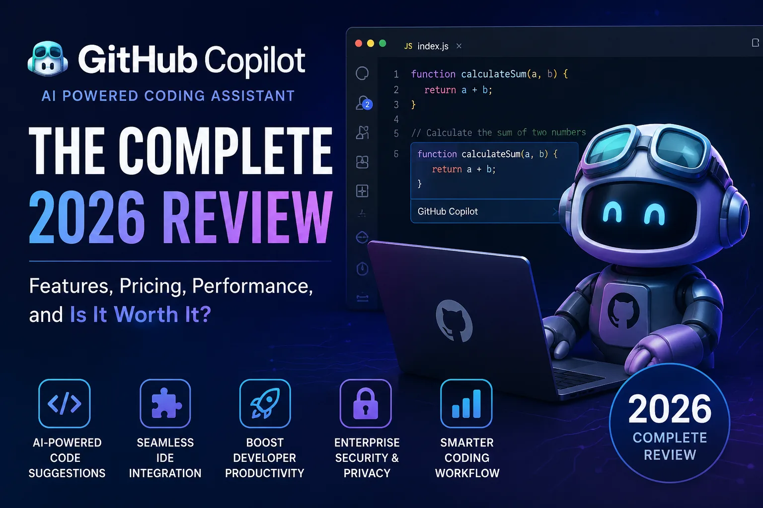 GitHub Copilot AI: The Complete 2026 Review banner featuring an AI coding assistant robot working on a laptop with a code editor, highlighting AI-powered code suggestions, IDE integration, developer productivity, enterprise security, and smarter coding workflows on a futuristic dark blue background.