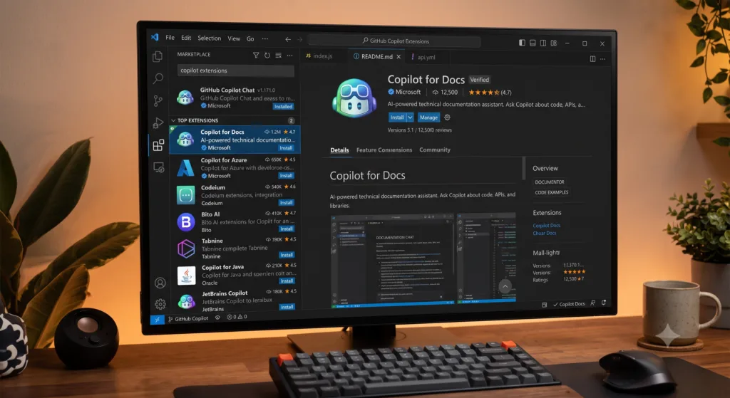 VS Code interface on a desktop monitor showing the GitHub Copilot Extensions Marketplace with various developer tools and integrations listed in the left sidebar.