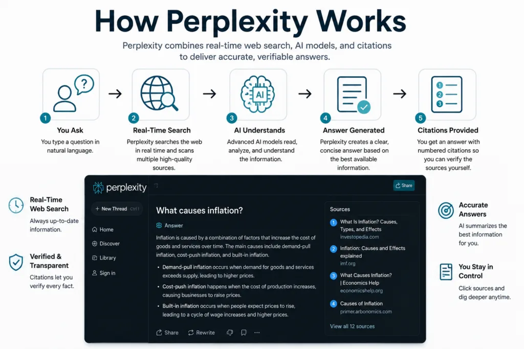 How Perplexity Works infographic showing the AI search process from user query to real-time web search, AI analysis, answer generation, and source citations with a Perplexity interface demonstrating verified search results.