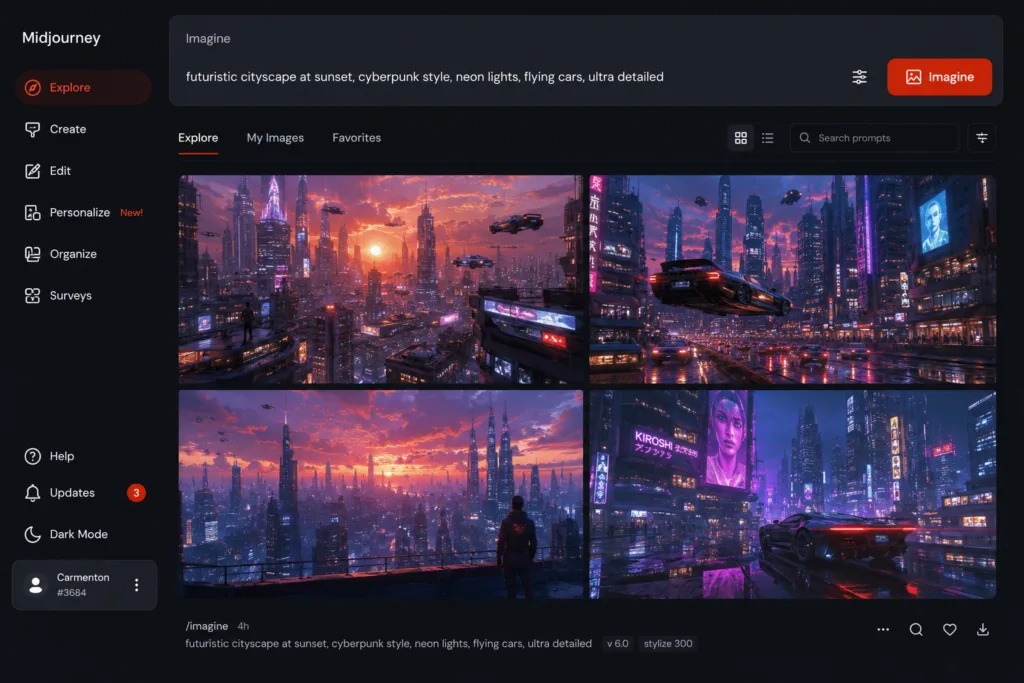 Midjourney-inspired web interface in dark mode showing the Imagine prompt bar with a detailed cyberpunk cityscape prompt, alongside a four-image AI-generated result grid featuring futuristic neon-lit city scenes with flying cars and skyscrapers.