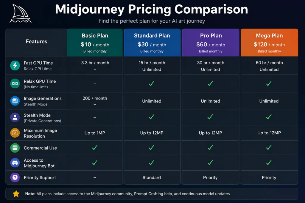 Midjourney Pricing Comparison: Visual breakdown of the four plans with key differentiators highlighted