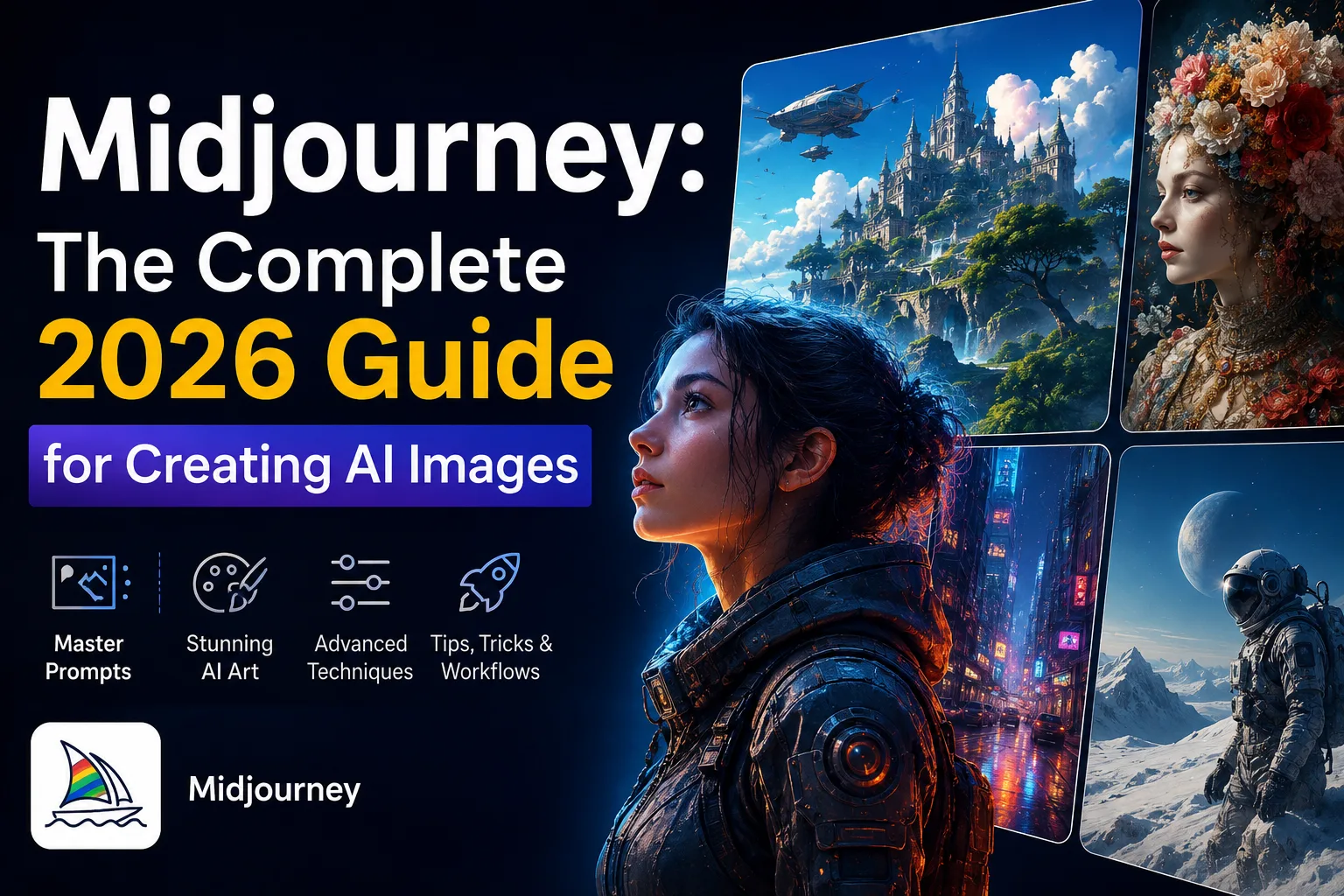 Midjourney 2026 guide cover featuring a futuristic woman in sci-fi armour surrounded by AI-generated fantasy, cyberpunk, space, and digital art scenes with the title "Midjourney: The Complete 2026 Guide for Creating AI Images".