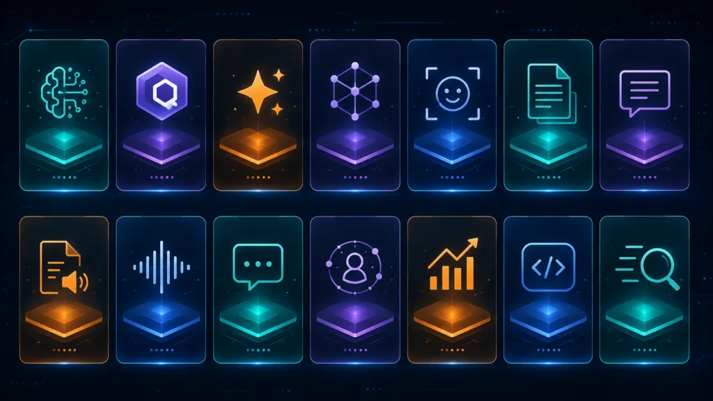 Neon tech interface with feature panels