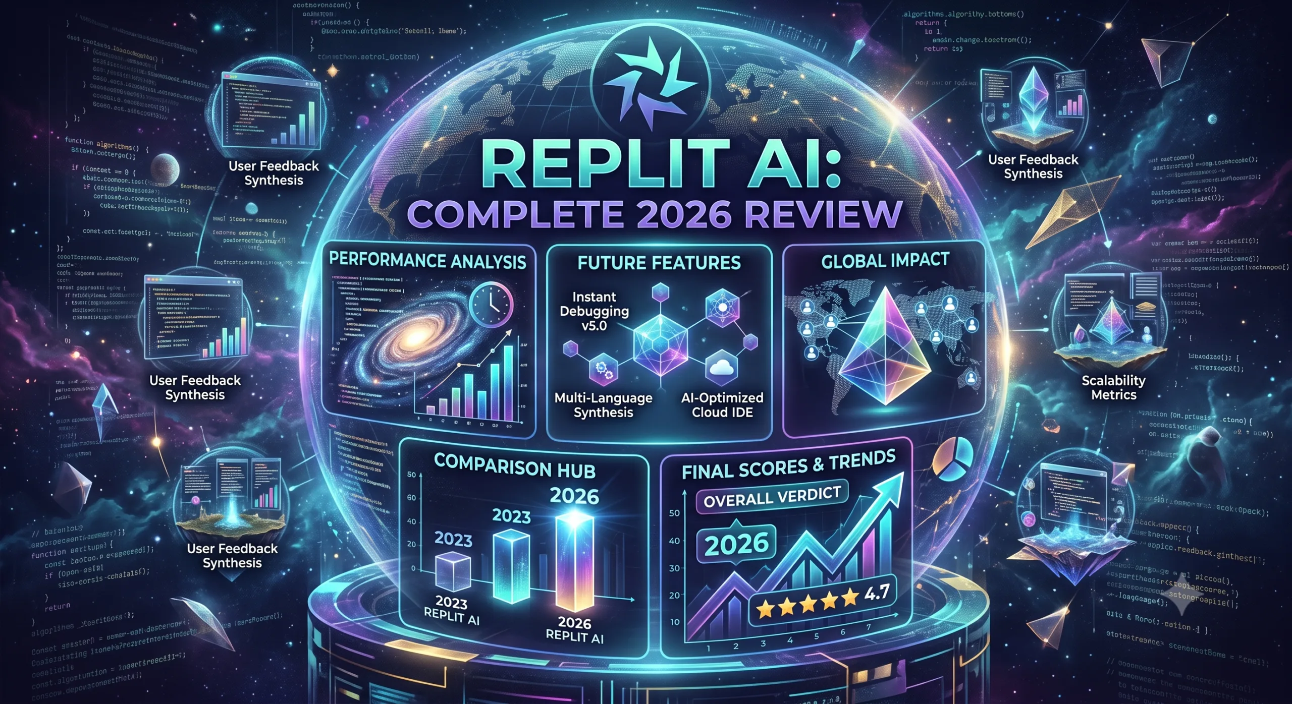 Neon glowing 3D futuristic dashboard display titled "REPLIT AI: COMPLETE 2026 REVIEW" set against a cosmic space background, showing analytics charts, performance comparison bars, and feature icons.
