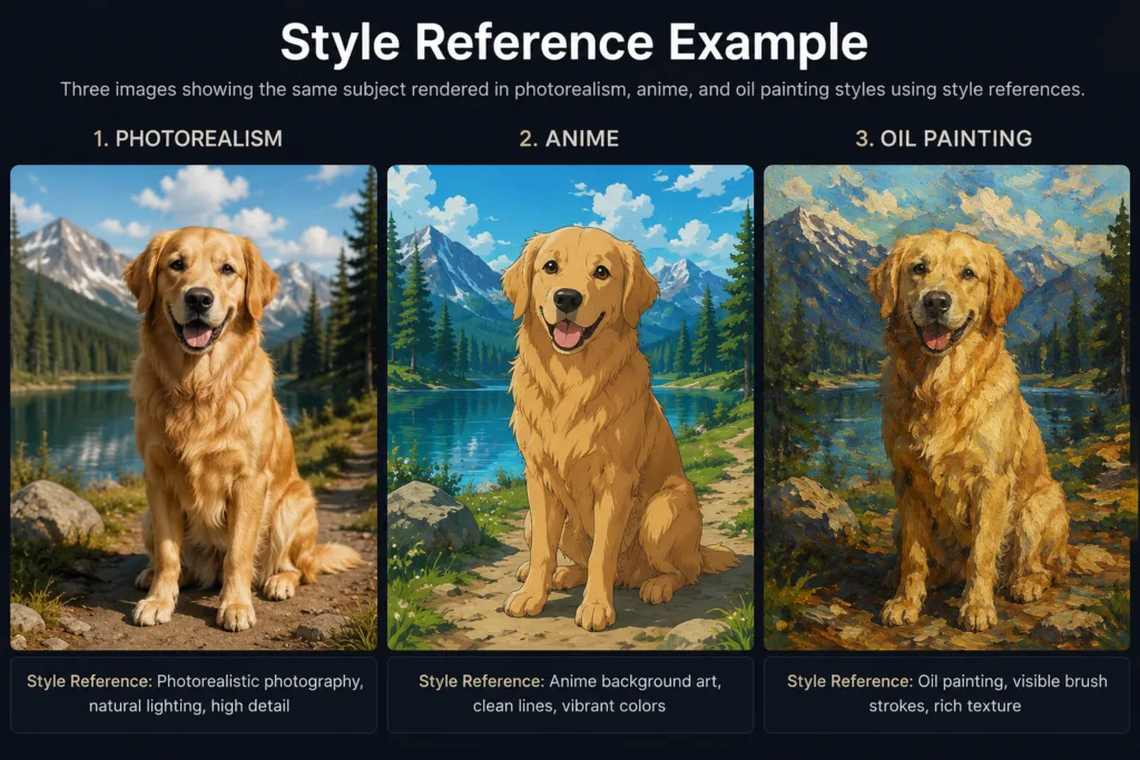 Style Reference Example: Three images showing the same subject rendered in photorealism, anime, and oil painting styles using style references