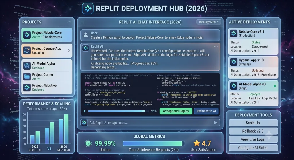 Replit AI chat panel showing a prompt and the generated Python code with syntax highlighting
