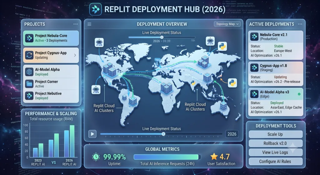 Replit deployment interface showing a live URL, deployment logs, and environment configuration options