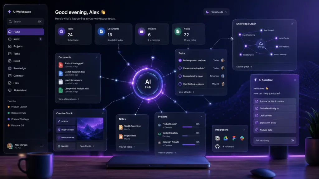 Futuristic AI workspace connecting documents, tasks, projects, notes and knowledge graphs through interconnected digital interfaces.