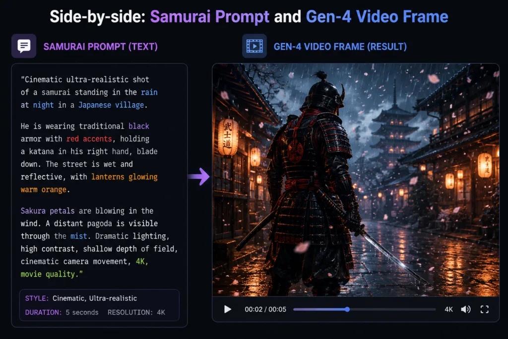 Side-by-side comparison showing a detailed samurai text prompt alongside the resulting Gen-4 cinematic video frame, illustrating how descriptive prompts generate realistic AI video scenes with dramatic lighting, rain, and Japanese village aesthetics.