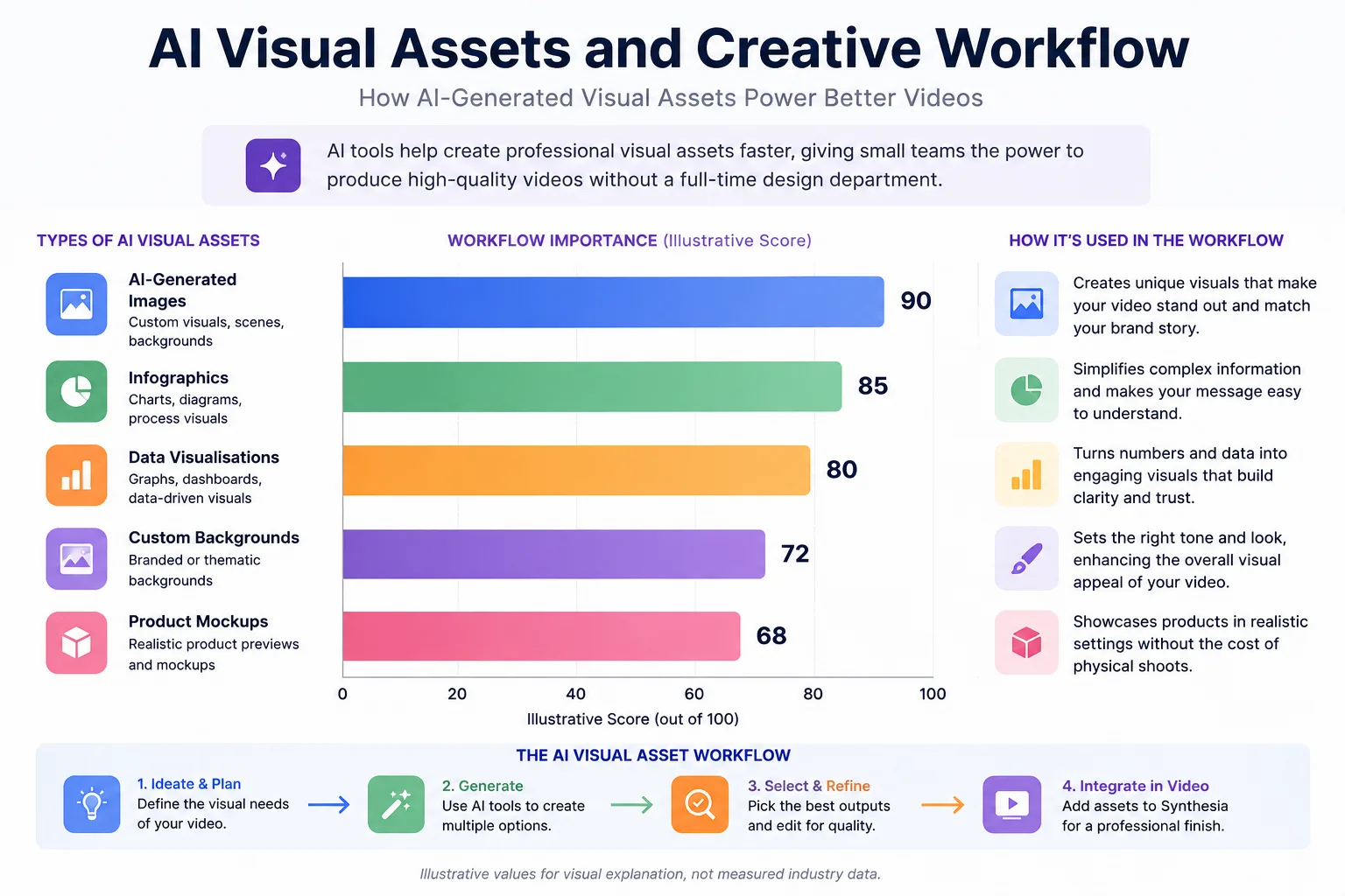 Bar chart showing the role of AI-generated images, infographics, data visualisations, custom backgrounds and product mockups in an AI video workflow.