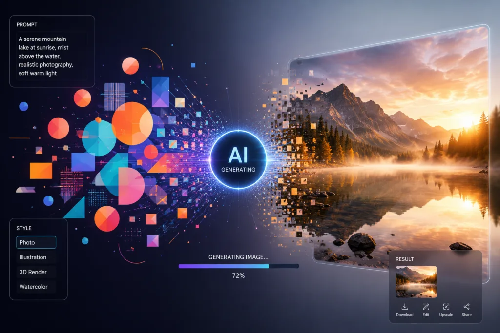Abstract AI visualization showing colourful geometry transforming into a realistic photographic mountain scene.