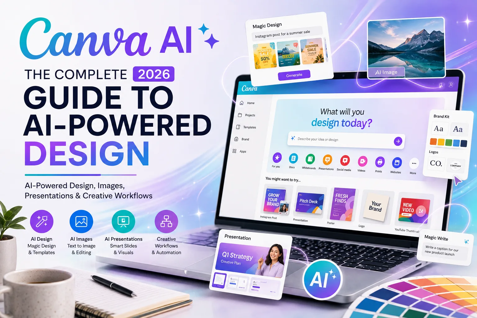 Canva AI 2026 guide showing AI-powered design, image generation, presentations and creative workflows on a laptop