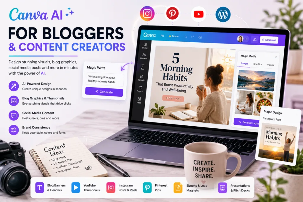 Canva AI for bloggers and content creators, showing a laptop with AI design tools, blog graphics, social media content and creative workflows.