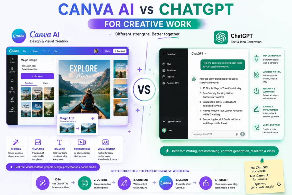 Canva AI vs ChatGPT for creative work, comparing AI design generation and creative content workflows.