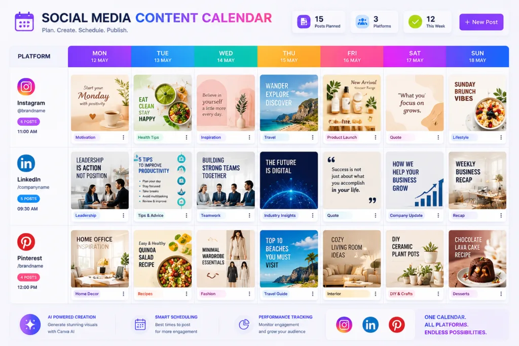 Colourful social media content calendar showcasing Instagram, LinkedIn, and Pinterest posts across a weekly schedule.