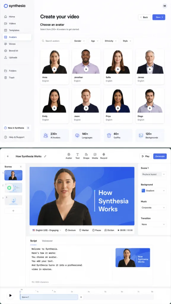 Synthesia AI video creation workflow showing avatar selection and script editing interface in a 9:16 vertical layout.