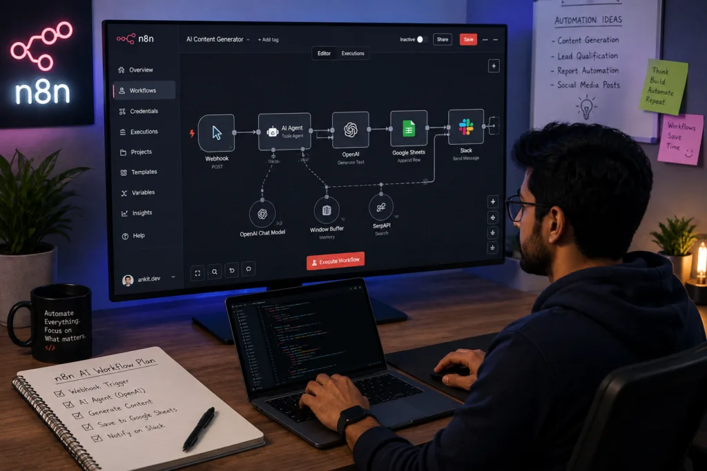 Developer building an n8n AI workflow on a large monitor, with connected AI Agent, OpenAI, Google Sheets, and Slack nodes in a modern dark home-office setup.
