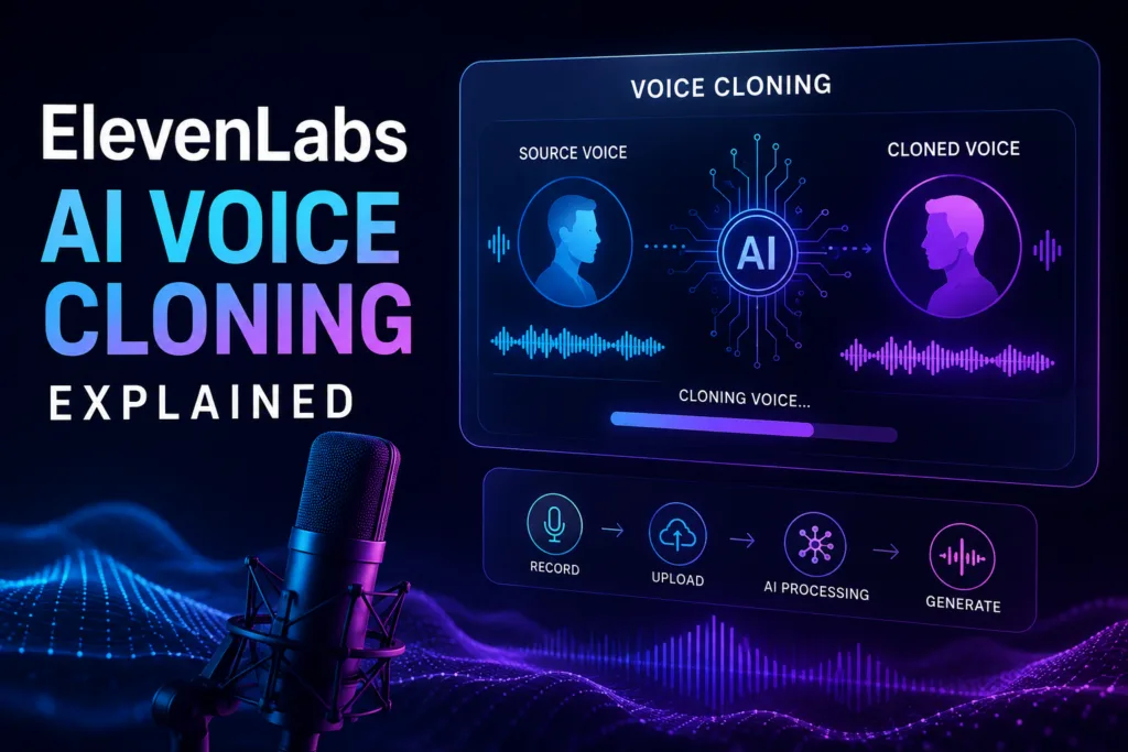 ElevenLabs AI voice cloning explained with a futuristic AI interface, source and cloned voice waveforms, and a studio microphone.