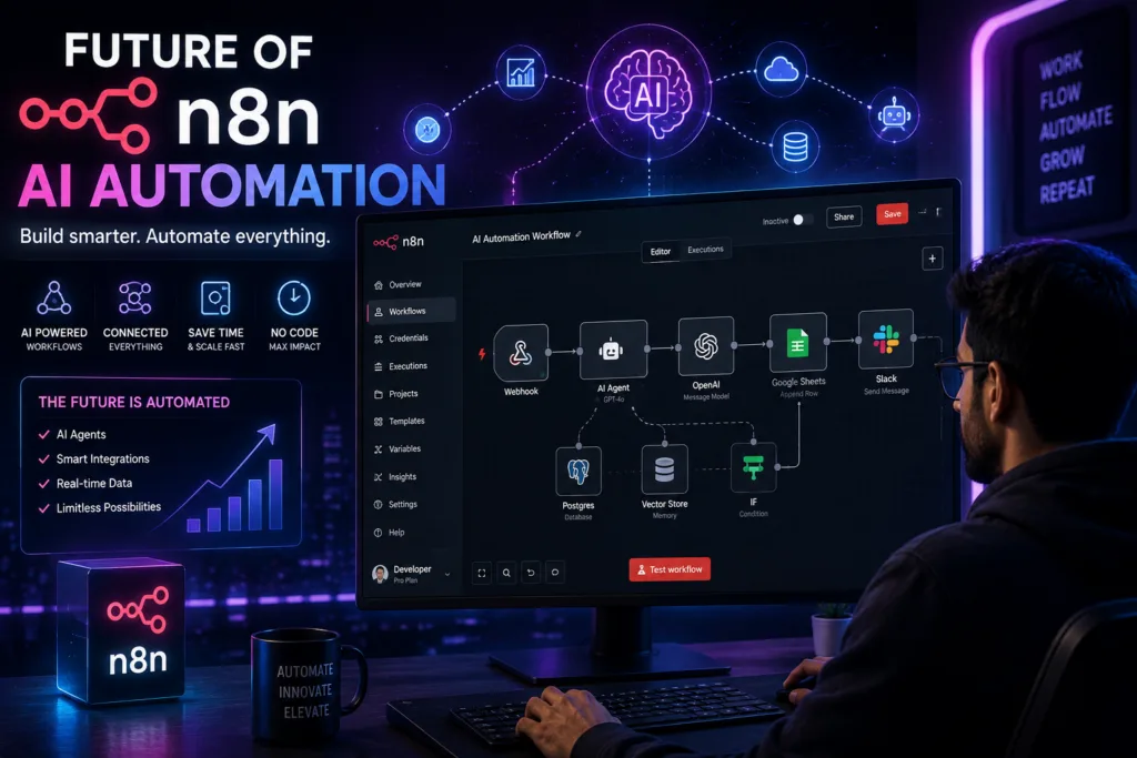 Futuristic n8n AI automation workspace with a developer viewing an AI workflow connecting Webhook, AI Agent, OpenAI, Google Sheets, Slack, PostgreSQL, Vector Store, and conditional logic on a large monitor, surrounded by neon AI graphics and automation-themed visuals.