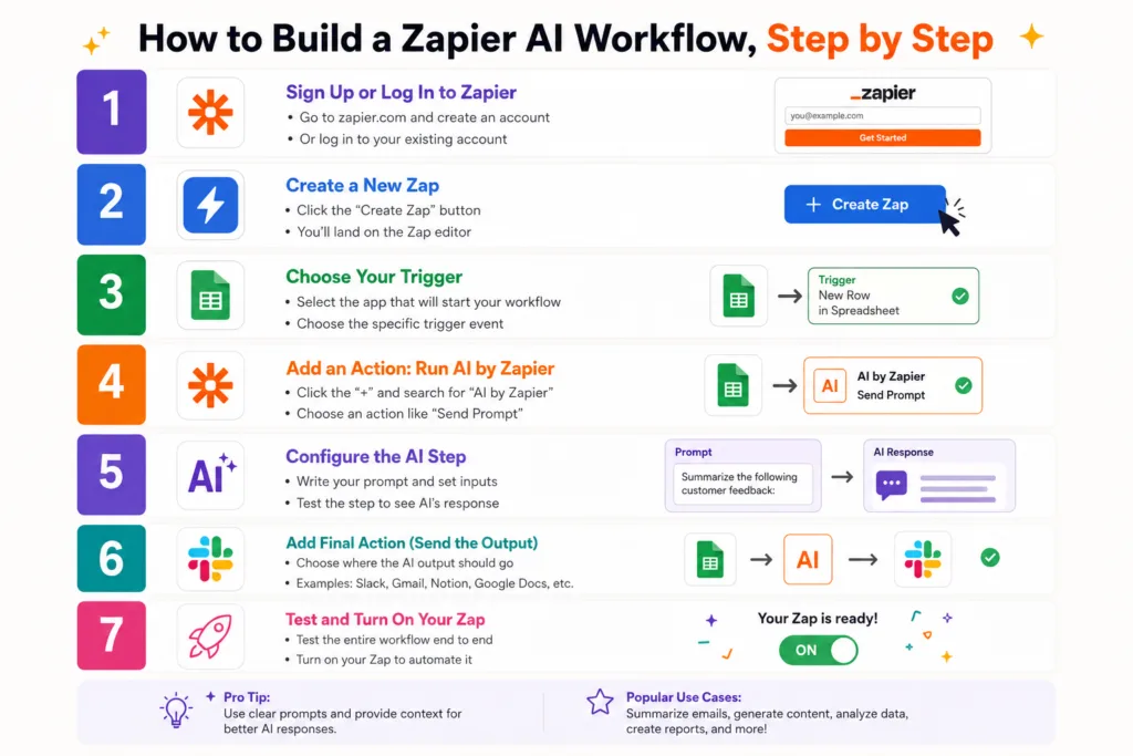 How to Build a Zapier AI Workflow step by step, showing how to create a Zap, choose a trigger, add AI by Zapier, configure prompts, send AI output to apps, and activate the workflow.