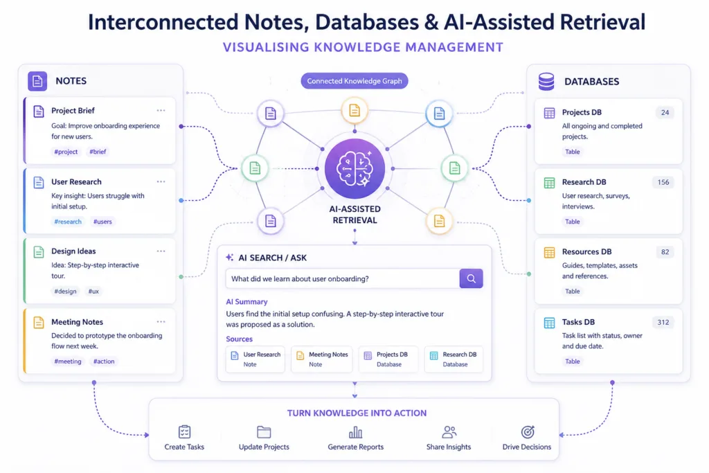 Interconnected notes, databases and AI-assisted retrieval visualising a modern knowledge management system.