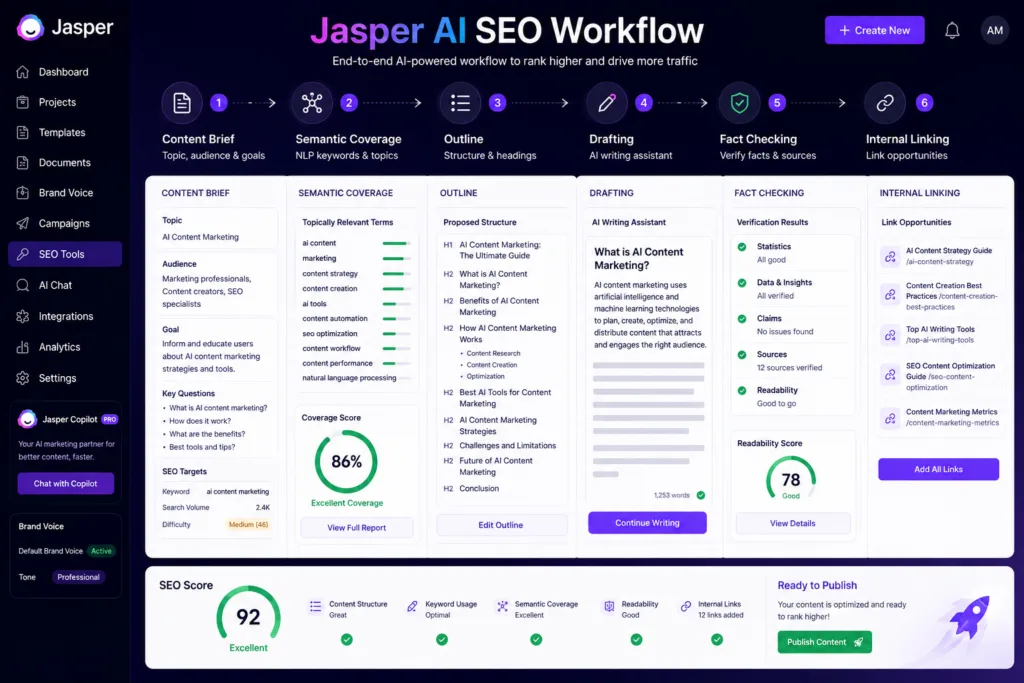 Jasper AI SEO workflow showing content brief, semantic coverage, outline creation, AI drafting, fact checking, internal linking, SEO score, and publishing optimization.