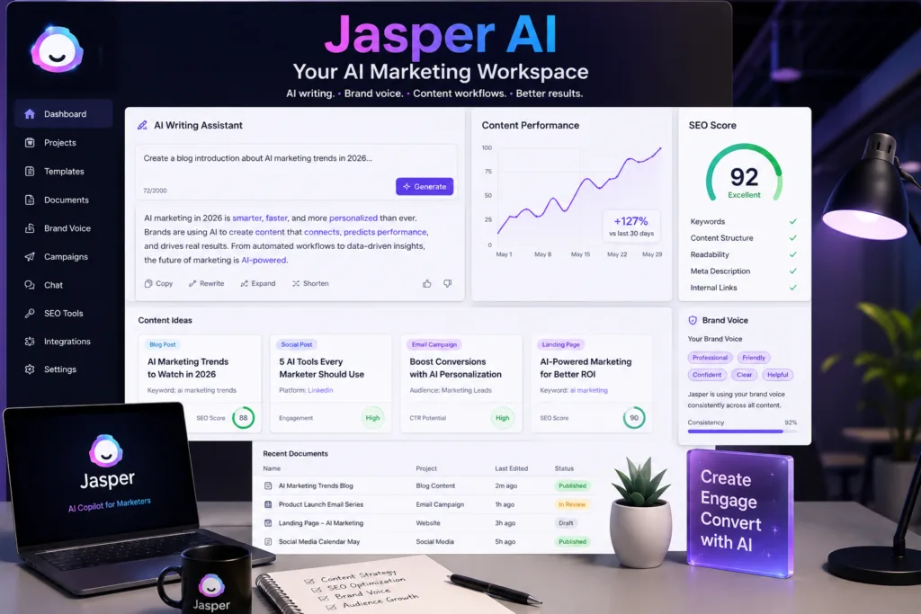 Jasper AI modern marketing workspace with AI writing assistant, content performance analytics, SEO score, content ideas, brand voice controls, and marketing dashboard elements.
