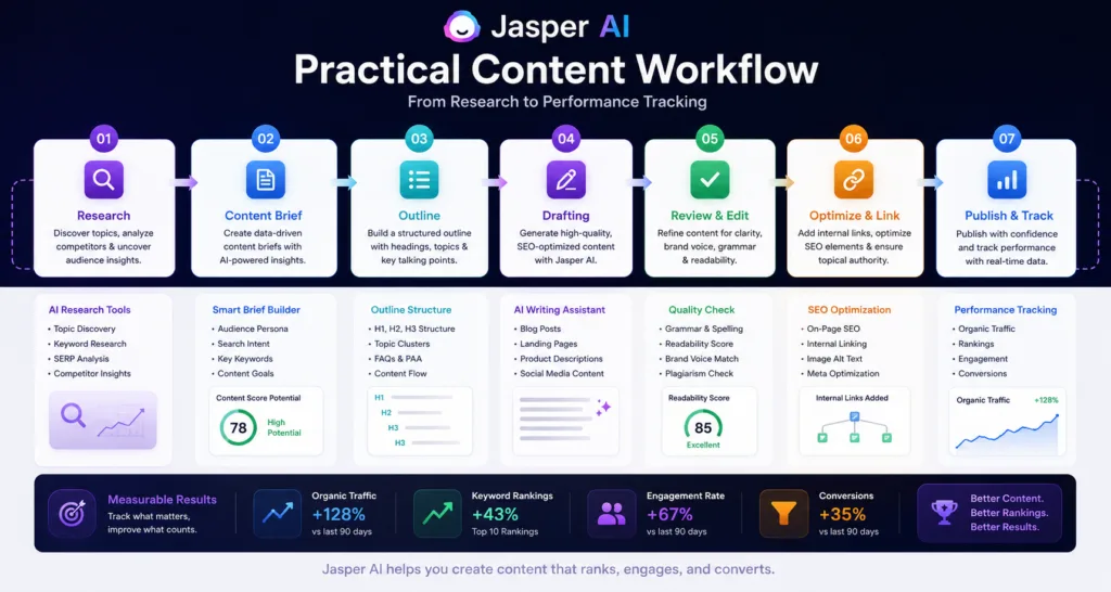 Jasper AI practical content workflow from research and content briefing through outlining, drafting, editing, SEO optimization, publishing, and performance tracking.