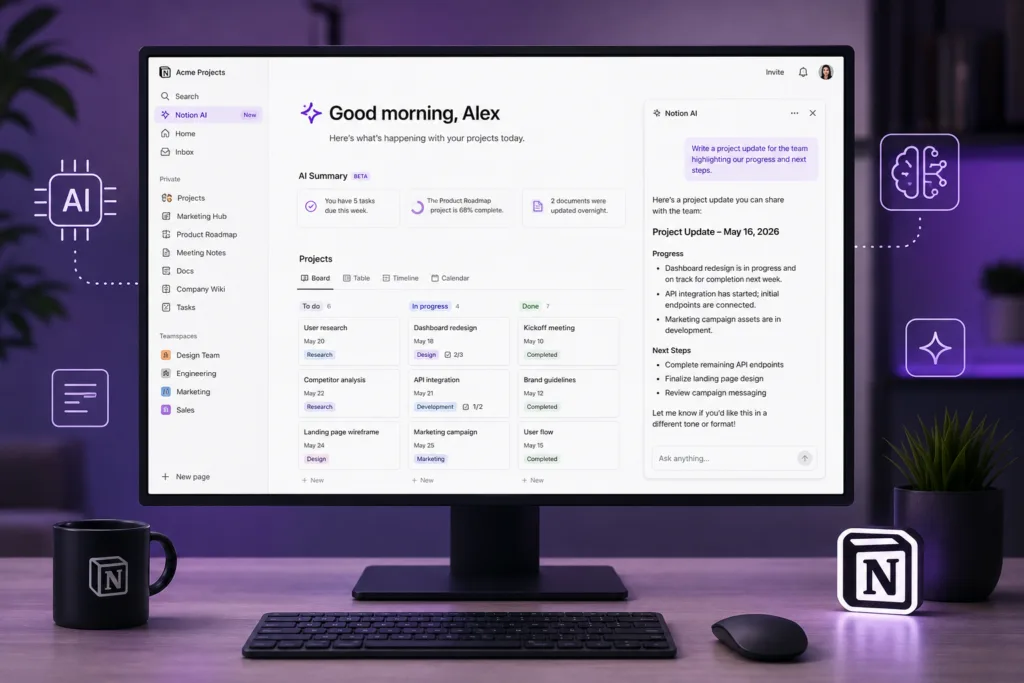 A premium modern Notion AI productivity workspace, large desktop monitor showing a sophisticated digital workspace with AI writing assistant panels, databases, notes, project boards and subtle artificial intelligence visual elements, clean editorial technology aesthetic, purple and warm neutral colour palette, realistic lighting, premium SaaS branding style, cinematic composition, highly detailed, no random text, no watermark, 16:9.