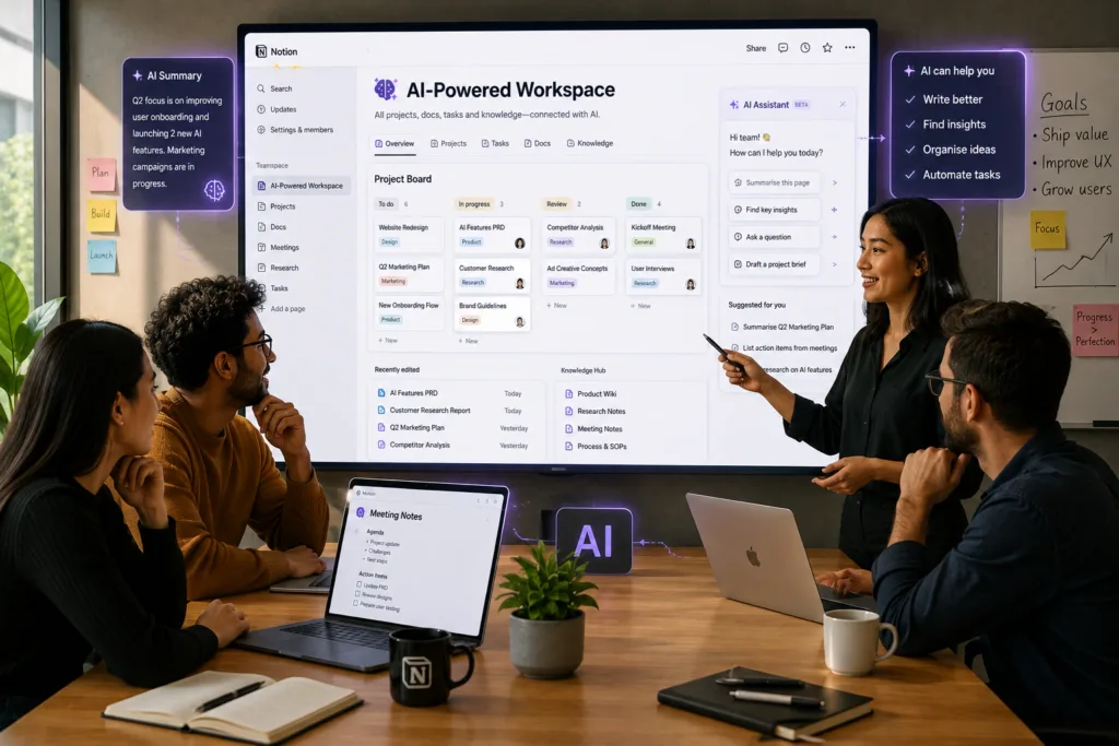 Modern business team collaborating around an AI-powered Notion workspace with project boards, documents and AI assistant tools.