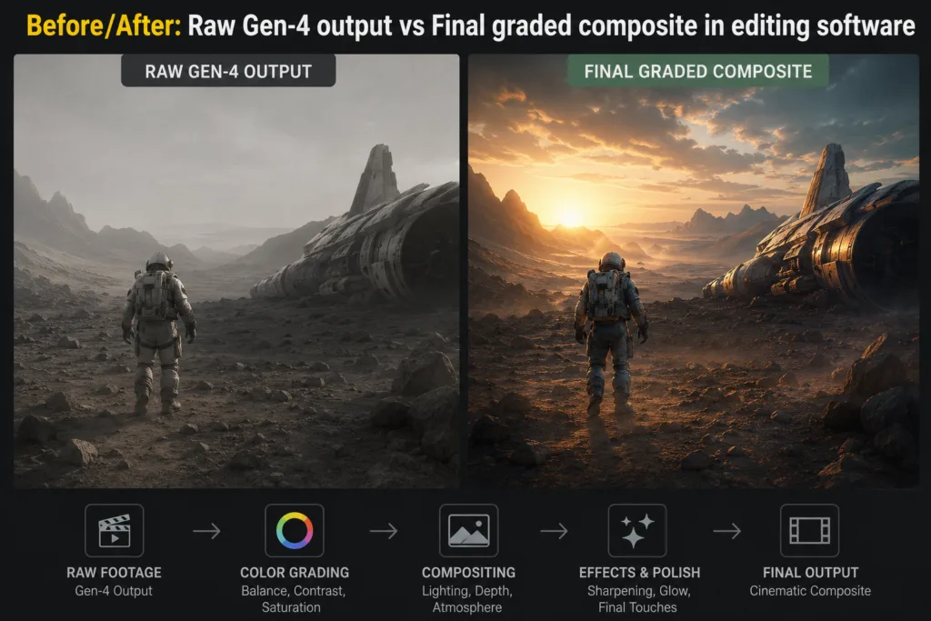 Before vs After comparison showing a raw Gen-4 AI-generated sci-fi landscape beside the final professionally colour graded composite with enhanced lighting, contrast, atmospheric effects, and cinematic post-production workflow.