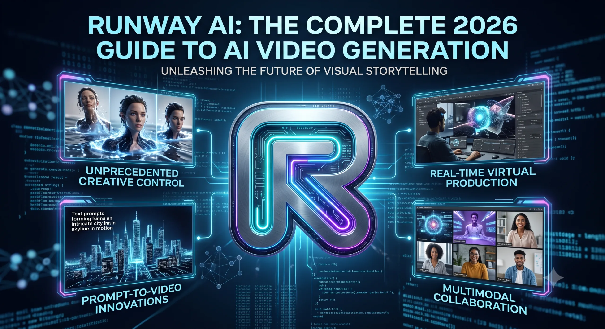 A sleek, futuristic hero banner titled "RUNWAY AI: THE COMPLETE 2026 GUIDE TO AI VIDEO GENERATION." At the center is a glowing 3D metallic "R" logo surrounded by circuit board graphics and digital code against a dark background. Surrounding the center logo are four glowing rectangular panels showcasing key features: "Unprecedented Creative Control" displaying character renders, "Real-Time Virtual Production" showing a video editor workstation, "Prompt-To-Video Innovations" depicting a digital city skyline, and "Multimodal Collaboration" showing a grid of video conference participants.