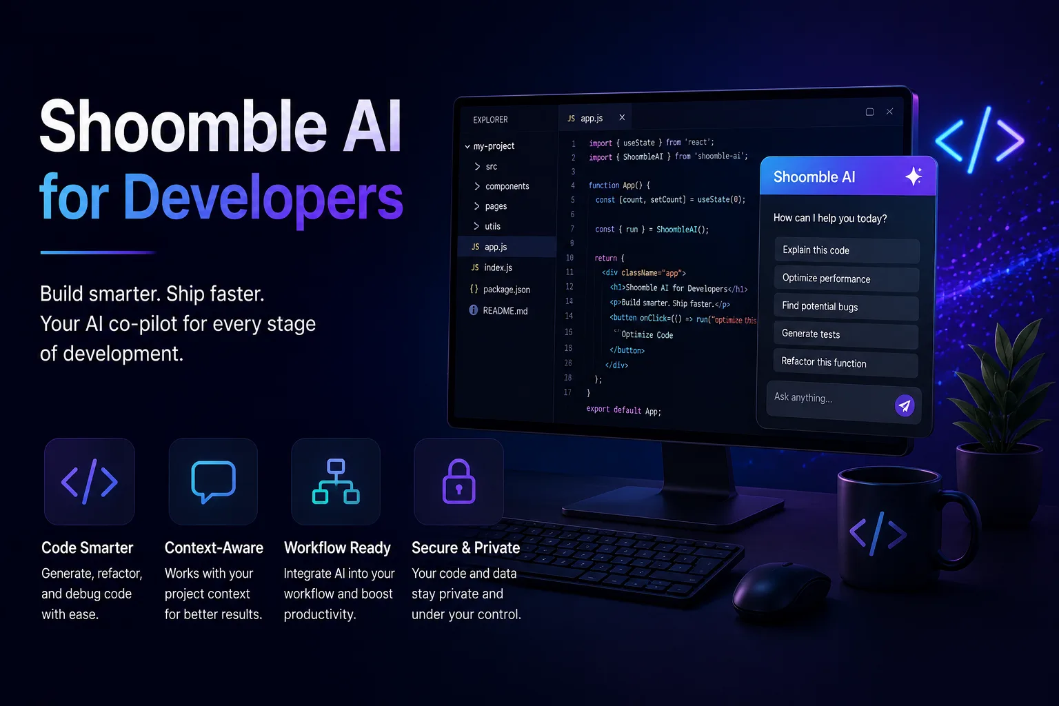Shoomble AI for Developers showing AI-assisted coding, project context, workflow integration, debugging, and secure development.