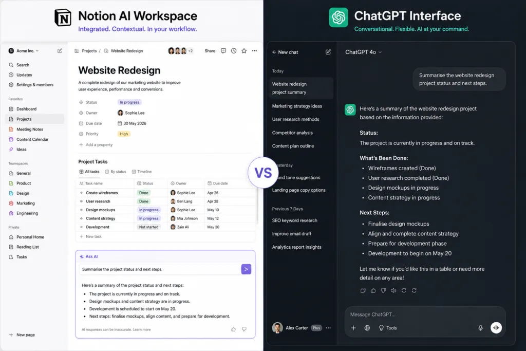 Split-screen comparison of Notion AI workspace and ChatGPT conversational interface for productivity and project management.