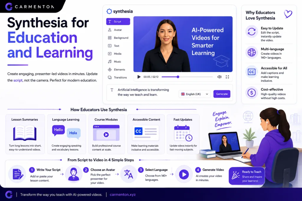 Carmenton-branded Synthesia education infographic showing AI video creation, educator benefits, learning use cases, and a script-to-video workflow.