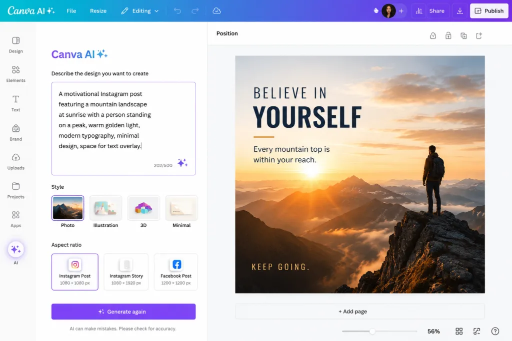 The prompt-to-design workflow inside Canva AI, where descriptions become structured layouts.
