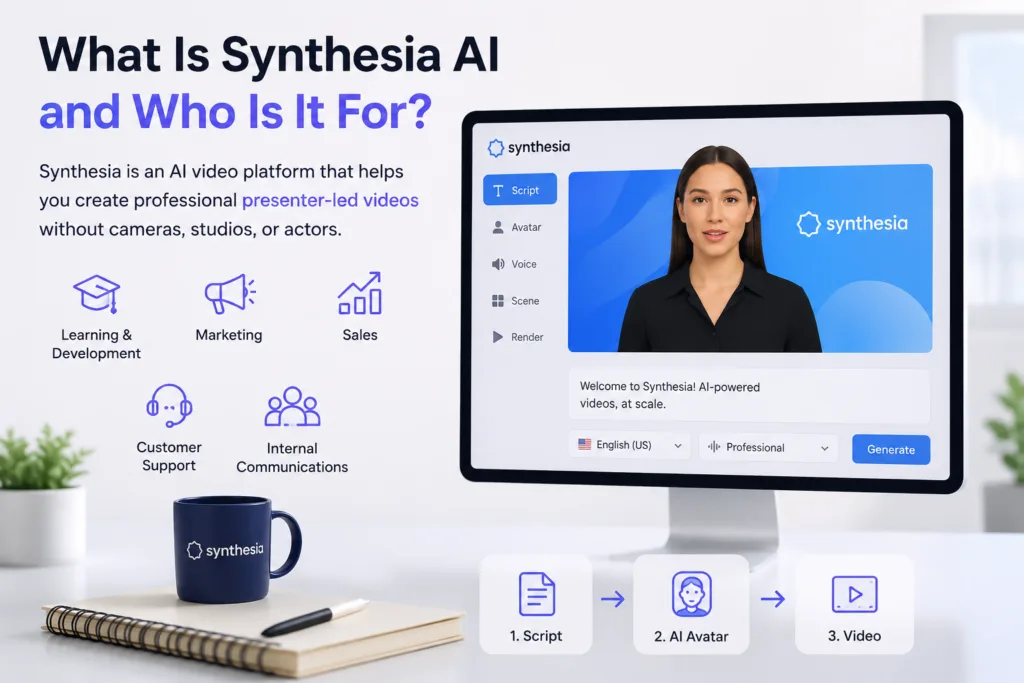 Synthesia AI platform showing an AI presenter, video creation workflow, and use cases for learning, marketing, sales, customer support, and internal communications.