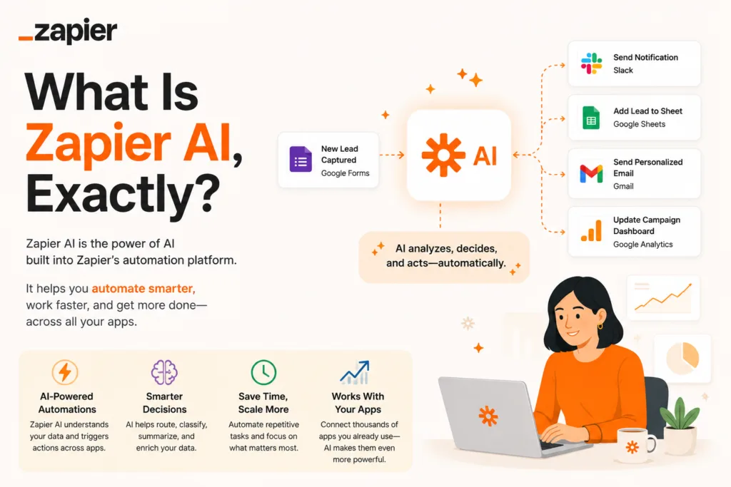 An infographic by Zapier titled "What Is Zapier AI, Exactly?" explaining how its AI features automate tasks. It features a flowchart showing AI processing a new lead and automatically triggering actions across Slack, Google Sheets, Gmail, and Google Analytics, alongside a list of four key benefits: AI-Powered Automations, Smarter Decisions, Save Time, and app connectivity.