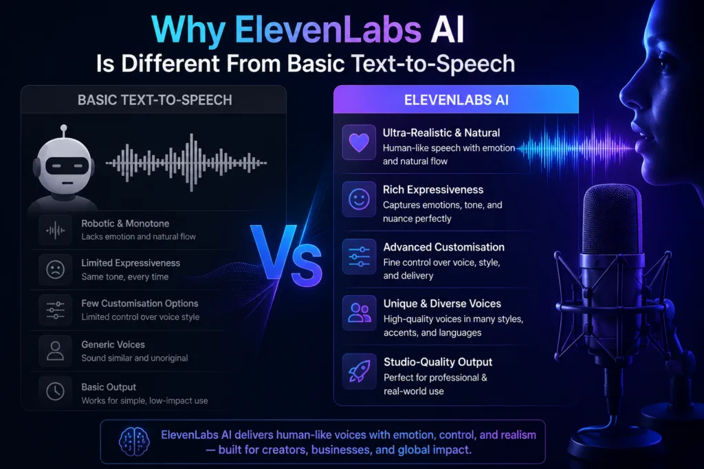 ElevenLabs AI compared with basic text-to-speech, highlighting natural human-like voices, emotional expression, advanced customisation, diverse voices and studio-quality audio.