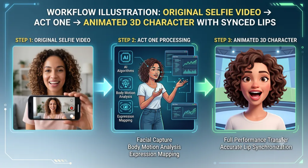 A horizontal 3-step workflow diagram illustration title "WORKFLOW ILLUSTRATION: ORIGINAL SELFIE VIDEO → ACT ONE → ANIMATED 3D CHARACTER WITH SYNCED LIPS" on a dark tech-themed background.