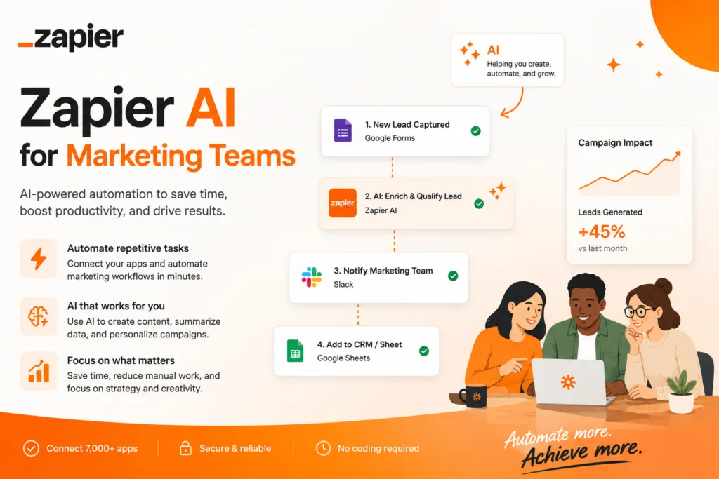 Zapier AI for Marketing Teams banner showing AI-powered marketing automation workflows connecting leads, Slack, Google Sheets, and campaign analytics with a collaborative marketing team.