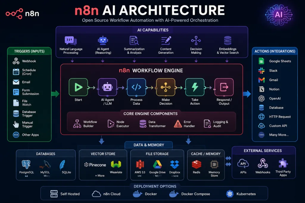 n8n AI architecture diagram showing AI capabilities, workflow engine, triggers, integrations, data and memory, databases, vector stores, external services, and deployment options.