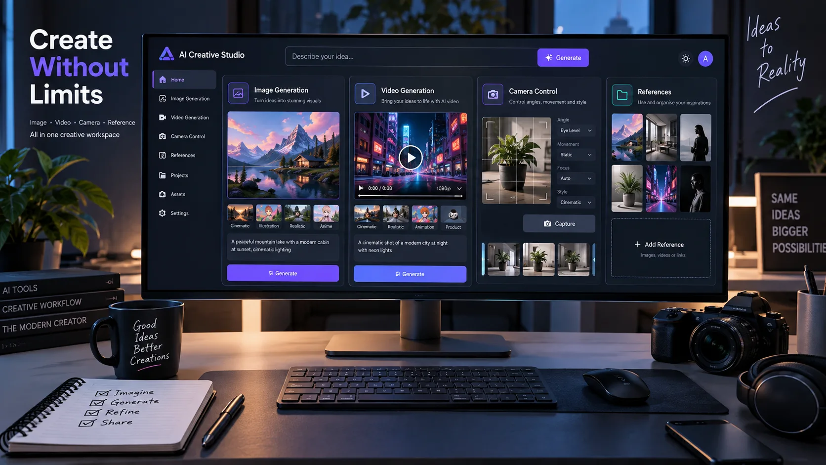 Modern AI creative workspace featuring image generation, video generation, camera control and reference tools on a widescreen monitor.