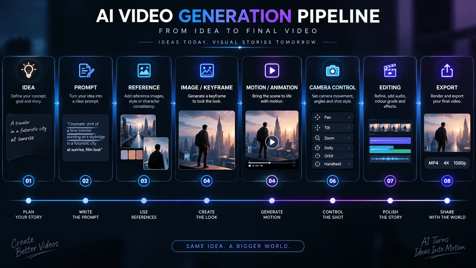 AI video generation pipeline diagram showing the workflow from idea and prompt through reference images, keyframe creation, motion and camera control to editing and final video export.
