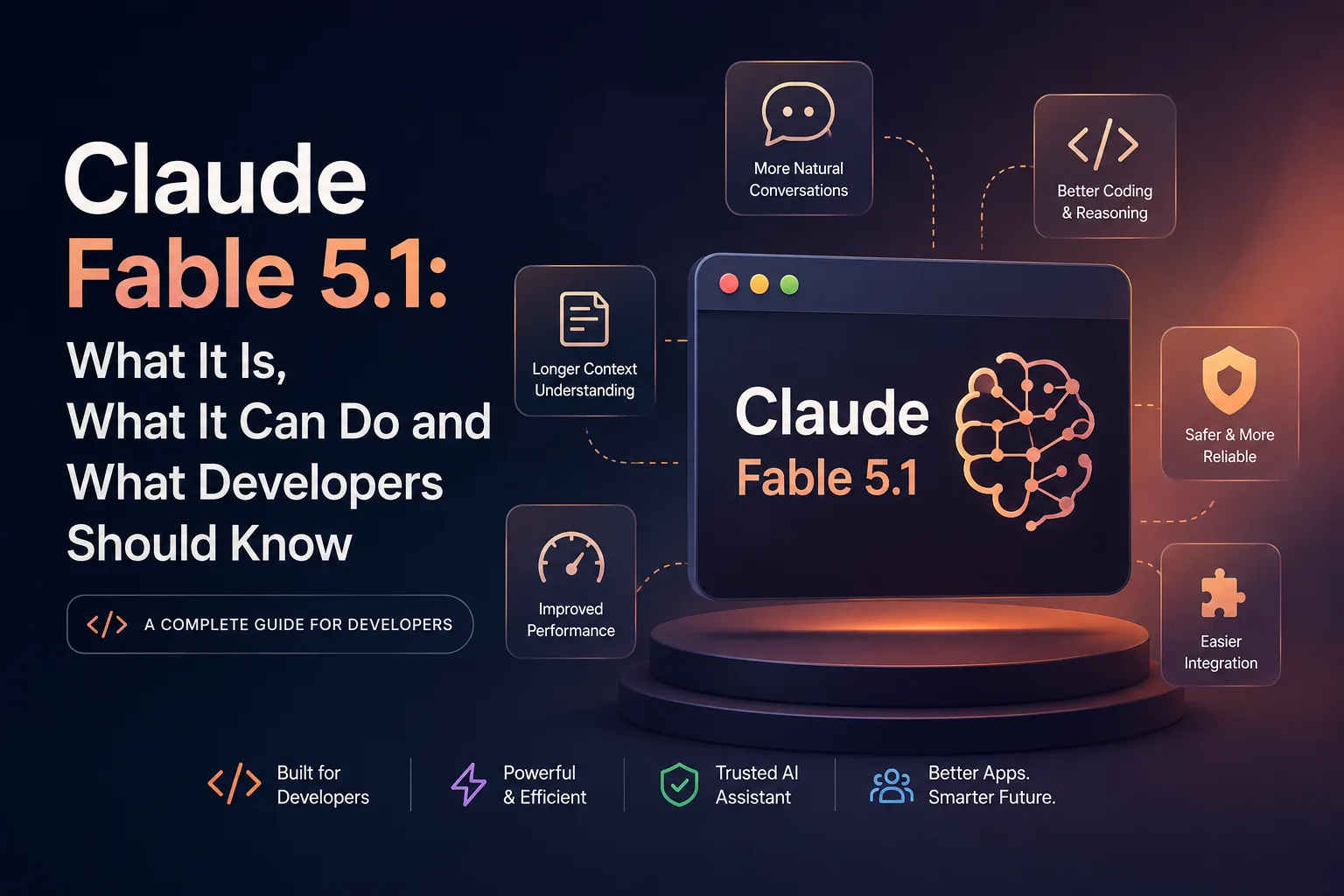 Claude Fable 5.1 AI model with features for coding, reasoning, natural conversations, and developer applications