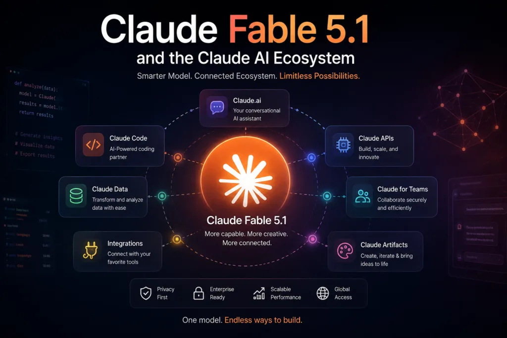 “Claude Fable 5.1 and the Claude AI ecosystem infographic showing Claude.ai, Claude Code, Claude Data, APIs, integrations, Teams, and Artifacts connected around a central AI model.”